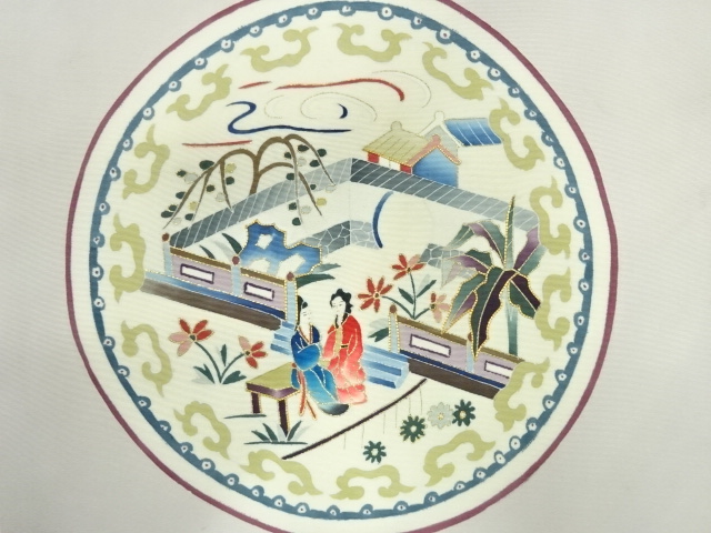 アンティーク　塩瀬丸紋に時代人物風景模様刺繍名古屋帯